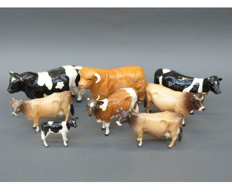 Eight Beswick cattle including Friesian family, Jersey, Highland and Ayrshire