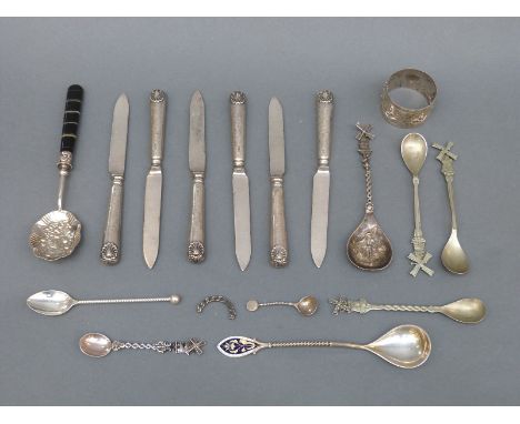 A possibly David Andersen white metal and enamel spoon stamped 925, various hallmarked silver handled knives, banded agate-ha