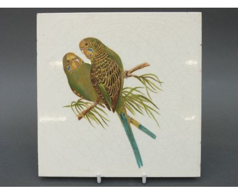 Minton's China Works ceramic tile painted with an ornithological study of two parrots, 70.5 x 20.5cm