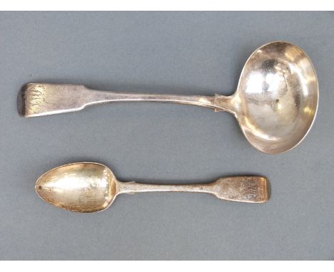 A Georgian hallmarked silver fiddle pattern ladle length 18cm, and a spoon by Hester Bateman, weight 80g 