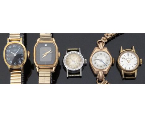 Majex 9ct gold ladies wristwatch with blued hands and Arabic numerals, case diameter 17mm, 16g, together with four similar ex