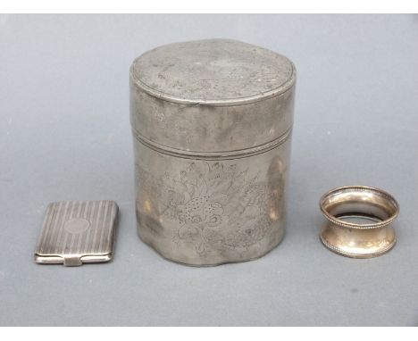 Hallmarked silver card case marked Kemp & Sons, Bristol, silver napkin ring and a Kut Hing pewter caddy 