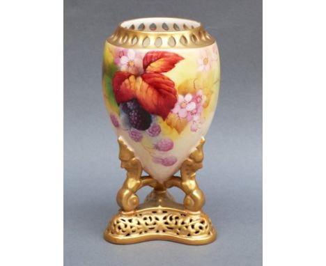 Royal Worcester footed vase with bramble decoration by Kitty Blake, 15.5cm tall