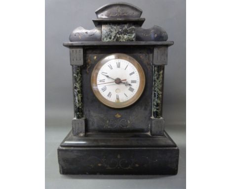 A late 19thC black slate mantel clock with green marbled decoration & enamel Roman dial, fitted with modern quartz movement