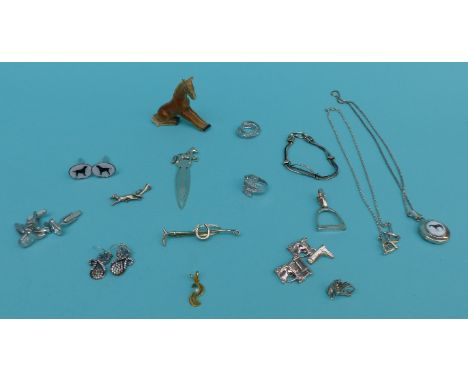 A collection of silver jewellery largely horse or riding related to include enamel horse, bookmark, cufflinks, riding crop ti