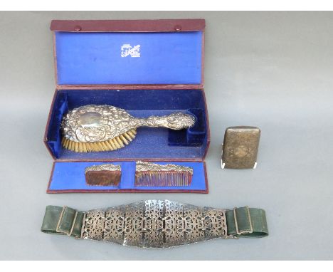 A cased hallmarked silver-mounted comb and brush with box marked E J Beaton Cardiff, together with a hallmarked silver cigare