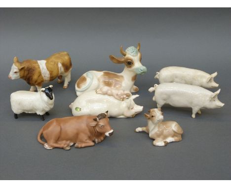 Three Beswick pigs, Beswick sheep, boxed Goebel cow, Szeiler cow etc