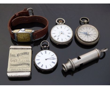 Two continental silver pocket watches together with a vintage Ebel wristwatch, compass, Hotel Metropole Leeds vesta and an Ac
