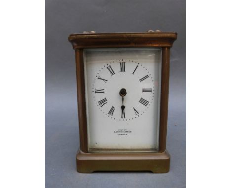 Mappin & Webb French brass corniche style case carriage clock with enamelled Roman dial, 11cm tall