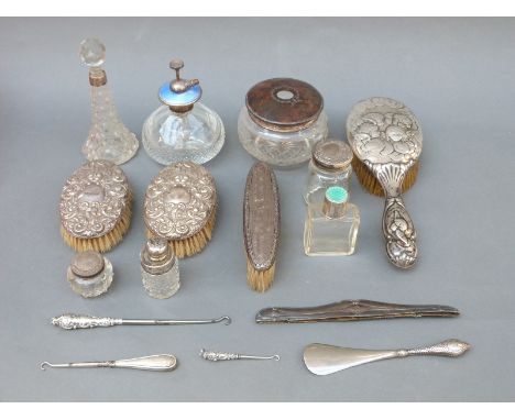 A quantity of hallmarked silver-mounted dressing table items including guilloche enamel items, brushes etc