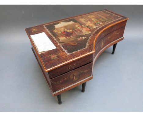 A musical dressing table / sewing set in the form of a grand piano, c1850. The lid decorated with a scene from a French music