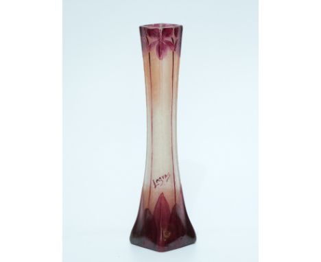 Legras Art Nouveau cameo glass bud vase decorated with amethyst flowers over clear ground, 18cm tall