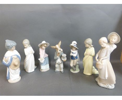 Nao figures including dog in morning dress, Spanish girl, boy and girl, cavalier etc