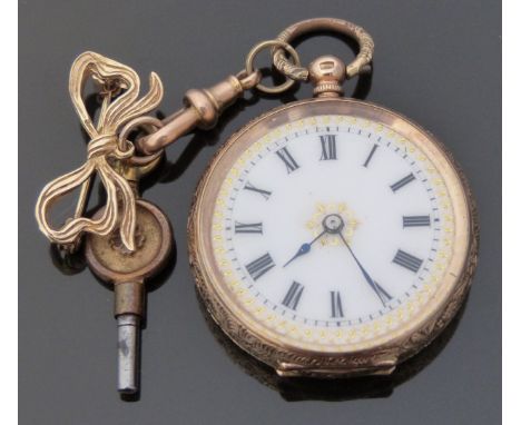James Rich of Bridgwater 14ct gold ladies open faced fob watch with Roman numerals, black hands, gilt decorated white enamel 