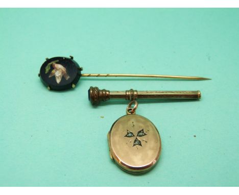 A Victorian micro mosaic stick pin, a Victorian locket set with three diamonds and a tooth pick 