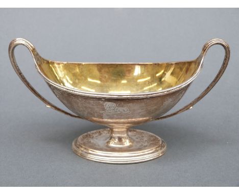 George III hallmarked silver table salt of pedestal form with sweeping handles and gilt interior, London 1791, maker's mark f