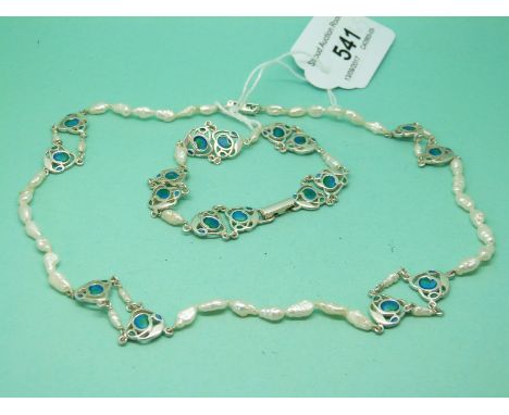 A silver and pearl necklace set with blue/green enamel with matching bracelet by Liberty & Co. in original box