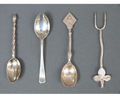 Three various Victorian and later hallmarked silver teaspoons including a twig handled example and a pickle fork with leaf fi