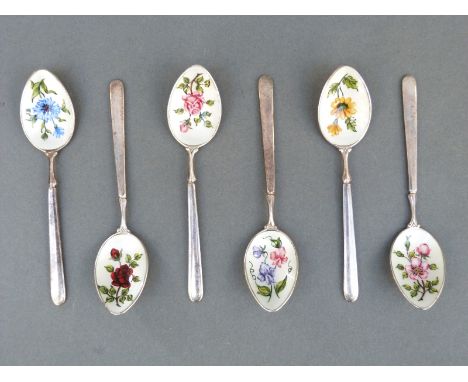 A set of six hallmarked silver and floral enamel teaspoons, B'ham 1971, maker Royal Irish Silver Co, weight 92g