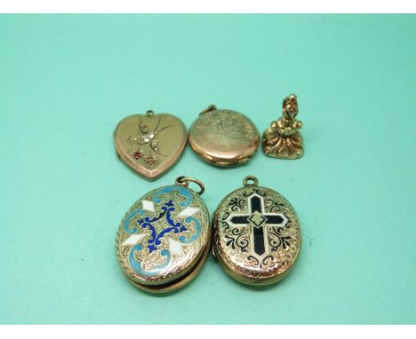 Two Victorian lockets with chased decoration and enamel detail, two yellow metal lockets marked 9ct back and front and a Vict