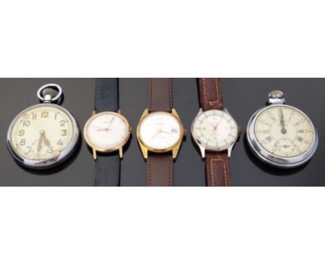 Five various gentleman's pocket and wristwatches including Oris, Ingersoll etc, one pocket watch with military marking to the