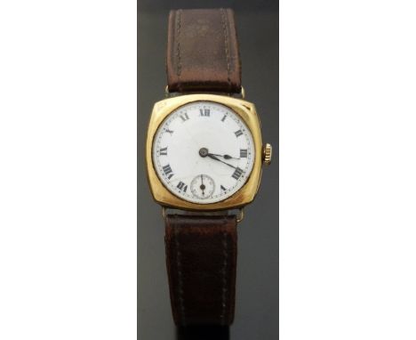 Swiss 9ct gold cushion shaped gentleman's wristwatch with black Roman numerals, inset subsidiary seconds dial, black hands an
