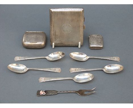 A hallmarked silver cigarette case, silver vesta and a snuff box, together with a set of five 1935 coronation silver spoons, 