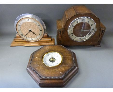An oak hexagonal-shaped barometer, an oak mantel clock and an Art Deco mantel clock with Roman chapter ring set on cloth back