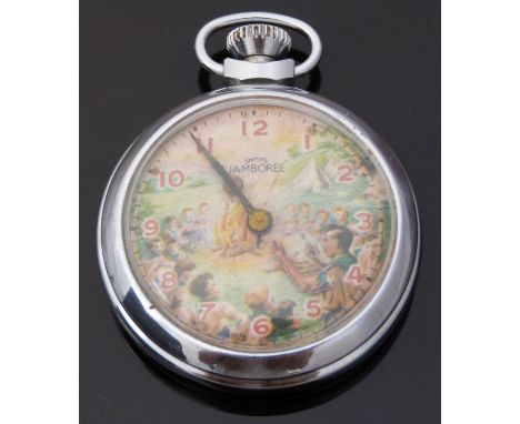 Smiths Jamboree automaton keyless winding pocket watch, the dial decorated with a scene depicting boy Scouts and Scout master