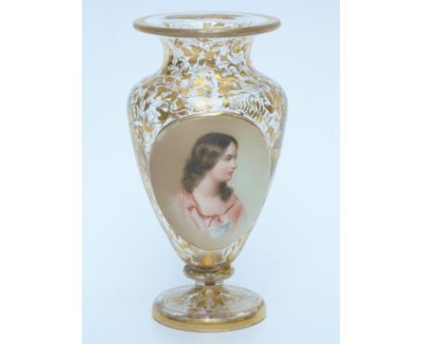 19thC Bohemian glass vase with hand printed enamel portrait of a lady and gilt decoration, 14.8cm tall