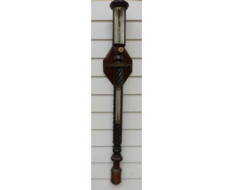 A Victorian stick barometer by Cail of Newcastle in wrythen carved case with brass mounts, the bone/ivory dials scrimshawed w