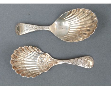 Two hallmarked silver caddy spoons with shell shaped bowls, one Sheffield 1908 the other 1890, both by Atkin brothers, length