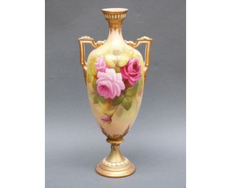 Royal Worcester twin-handled pedestal vase decorated with roses, signed A Shuck, shape H247, 25cm tall 