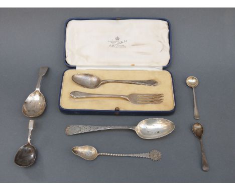 A cased Mappin & Webb hallmarked silver spoon and fork set and a quantity of early 19thC and later cutlery including two cadd