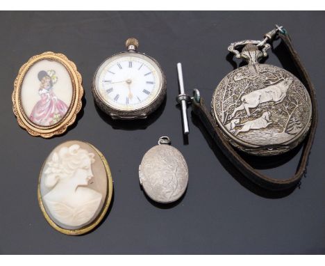A ladies continental silver keyless winding fob watch with gilt highlighted enamel dial together with a late 20th century gen
