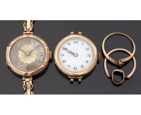 Two 9ct gold watches both with Arabic numerals and blued Breguet hands, one on expanding 9ct gold bracelet (17g) the other wi