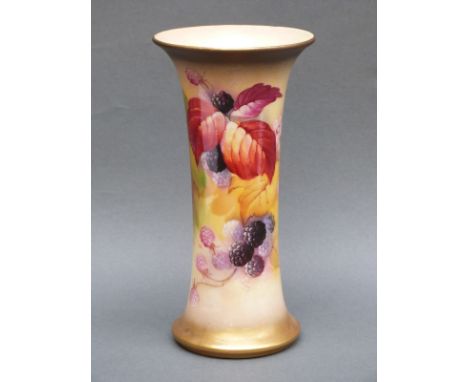 Royal Worcester flared vase decorated with blackberries, flowers and autumn leaves, signed Kitty Blake, shape G923, 19cm tall