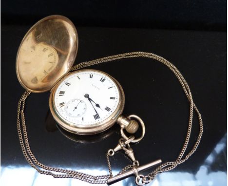 9ct gold full hunter gentleman's pocket watch with inset subsidiary seconds dial, Roman numerals, blued hands and white ename