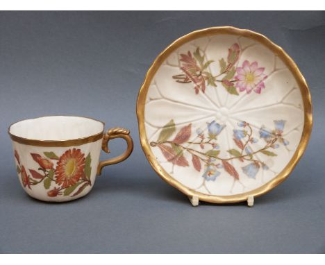 Royal Worcester Aesthetic period cabinet cup and saucer decorated with flowers, cup 5.5cm tall