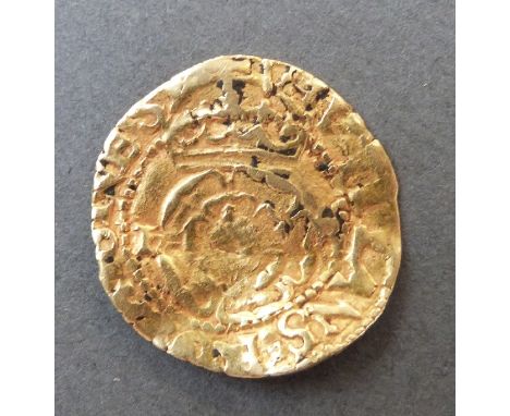 Henry VIII gold half crown of the double rose third coinage 1544-47, obverse crown above rose, initials H R tower or castle m