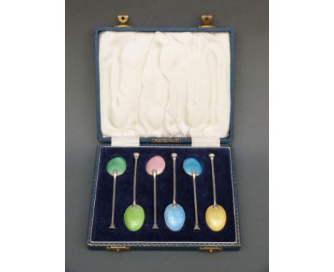 A cased set of Elizabeth hallmarked silver and guilloche enamel tea or coffee spoons, Birmingham 1957 maker Henry Clifford Da