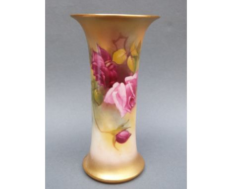 Royal Worcester flared vase decorated with roses, shape G923, green mark to base, 15.5cm tall