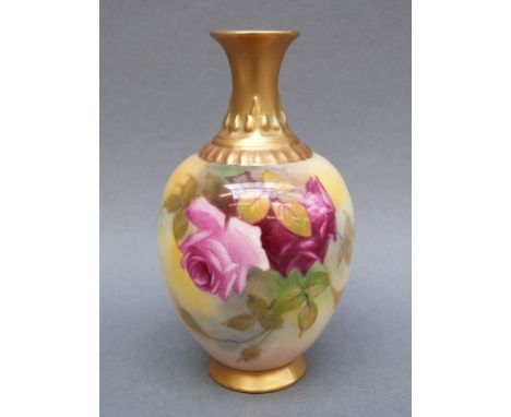 Royal Worcester pedestal vase decorated with roses, signed M Hunt, shape H286, puce mark to base, 11cm tall