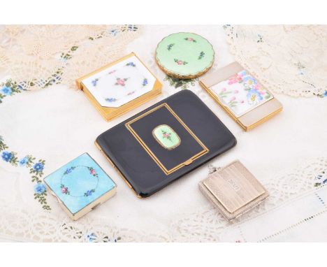 Art Deco and later La Mode compacts, including rectangular white enamelled and floral double vanity, 6.5cm x 4.5cm, similar p