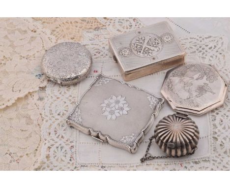 Continental silver plated compacts, including rectangular engine turned floral decorated example, 7cm x 6cm, octagonal courti