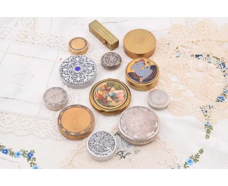 Circular 1920s and later French compacts, including pierced chromed example with central blue stone 5cm diameter, roses in re