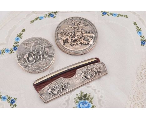 Two circular Danish silver plated repousse decorated compacts circa 1940, Two circular Danish silver plated repousse decorate