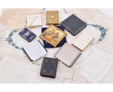Square and rectangular compacts, including a rectangular faux ivory and brass example inscribed Marie Earle, 7cm x 5.5cm, rec