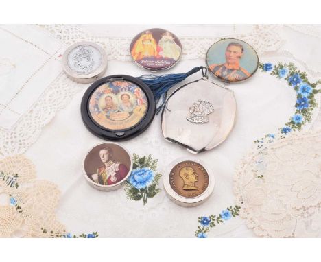 Of Royal Interest, two circular King George VI portrait compacts, Gwenda 5.5cm and Rachel 4.5cm diameter, a circular Portrait