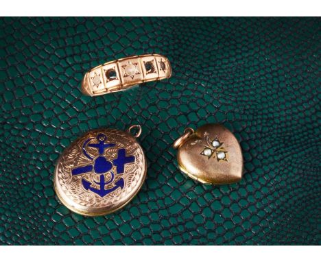 A 15ct gold dress ring, af, 2.5g, and two lockets, one engraved with enamel for faith, hope and charity, the other set with s